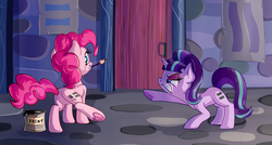 Size: 3745x2000 | Tagged: safe, artist:discorded, pinkie pie, starlight glimmer, earth pony, pony, unicorn, g4, the cutie map, !=, butt, capitalism, equal cutie mark, featureless crotch, female, frog (hoof), frown, glare, grin, gritted teeth, high res, mare, mouth hold, paint, paint on fur, plot, pointing, programmer humor, raised hoof, raised leg, smiling, underhoof