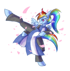 Size: 935x945 | Tagged: safe, artist:thiefofcookies, rainbow dash, anthro, g4, cherry blossoms, female, flexible, kung fu, solo