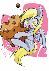 Size: 1024x1466 | Tagged: safe, artist:katuhira_rinmi, derpy hooves, pegasus, pony, g4, female, heart, mare, muffin, solo, that pony sure does love muffins, tongue out