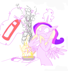 Size: 684x716 | Tagged: safe, artist:thiefofcookies, princess cadance, g4, cooking, female, fire, fire extinguisher, magic, solo, telekinesis, this will end in tears and/or breakfast
