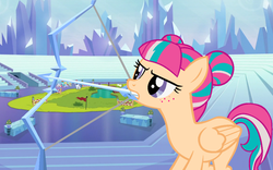 Size: 1024x640 | Tagged: safe, artist:berrypunchrules, sour sweet, pegasus, pony, equestria girls, g4, my little pony equestria girls: friendship games, archery, arrow, bow (weapon), bow and arrow, equestria girls ponified, female, freckles, ice arrows, ponified, solo, weapon