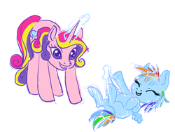 Size: 569x429 | Tagged: safe, artist:thiefofcookies, princess cadance, rainbow dash, g4, feather, filly, magic, telekinesis, tickling, younger