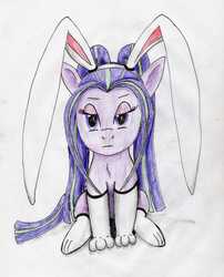 Size: 2350x2905 | Tagged: safe, artist:40kponyguy, derpibooru exclusive, aria blaze, pony, g4, ariabetes, bunny ears, clothes, cute, female, frown, high res, lidded eyes, looking at you, ponified, sitting, socks, solo, traditional art, unamused