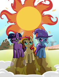 Size: 1024x1333 | Tagged: safe, artist:cloureed, sunset shimmer, trixie, twilight sparkle, pony, unicorn, g4, counterparts, fanfic, fanfic art, fanfic cover, glasses, magical trio, sun, trio, twilight's counterparts, unicorn twilight
