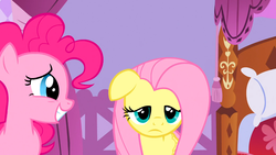 Size: 1366x768 | Tagged: safe, screencap, fluttershy, pinkie pie, g4, suited for success, sad