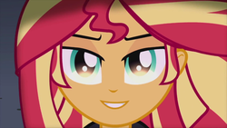 Size: 1280x720 | Tagged: safe, edit, screencap, sunset shimmer, equestria girls, g4, my little pony equestria girls: rainbow rocks, my past is not today, female, grin, inverted mouth, lidded eyes, smiling, solo