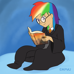 Size: 1000x1000 | Tagged: safe, artist:empyu, rainbow dash, human, g4, book, clothes, glasses, harry potter (series), humanized, robe, solo