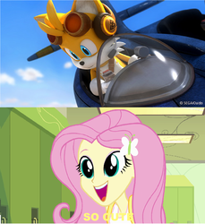 Size: 1272x1388 | Tagged: safe, edit, edited screencap, screencap, fluttershy, equestria girls, g4, crossover, image macro, male, meme, miles "tails" prower, reaction, sonic boom, sonic the hedgehog (series)