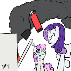 Size: 900x900 | Tagged: safe, artist:halflingpony, rarity, sweetie belle, pony, g4, cooking, duo, fire, fire extinguisher, food, oven, smoke, sweetie belle can't cook, sweetie fail