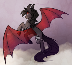 Size: 1280x1164 | Tagged: safe, artist:casynuf, oc, oc only, oc:qetesh, bat pony, pony, female, flying, mare, solo, transparent wings