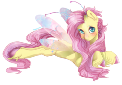 Size: 1024x716 | Tagged: safe, artist:toskurra, fluttershy, breezie, g4, blushing, breeziefied, female, flutterbreez, looking at you, prone, simple background, solo, species swap, unshorn fetlocks
