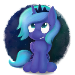 Size: 750x750 | Tagged: safe, artist:blackligerth, princess luna, alicorn, pony, g4, both cutie marks, female, filly, looking up, sitting, smiling, solo, woona