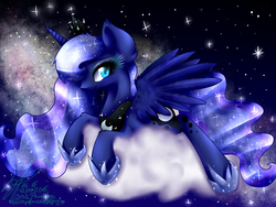 Size: 960x720 | Tagged: safe, artist:derpfacederpy, princess luna, g4, cloud, female, prone, solo, spread wings