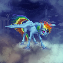 Size: 1000x1000 | Tagged: safe, artist:gor1ck, rainbow dash, pegasus, pony, g4, bandaid, cloud, cloudsdale, cloudy, female, grin, solo, spread wings, windswept mane
