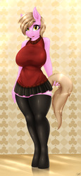 Size: 1867x4045 | Tagged: safe, artist:replica, oc, oc only, oc:reppy, anthro, unguligrade anthro, big breasts, breasts, clothes, female, looking at you, miniskirt, skirt, sleeveless turtleneck, solo, stockings, sweater, tail pull, turtleneck, vest, zettai ryouiki