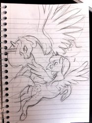 Size: 600x803 | Tagged: safe, artist:mmmenagerie, princess celestia, princess luna, alicorn, pony, g4, duo, grayscale, lined paper, monochrome, traditional art