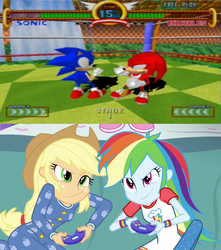 Size: 1024x1158 | Tagged: safe, screencap, applejack, rainbow dash, equestria girls, g4, my little pony equestria girls: rainbow rocks, crossover, gamer, gamerdash, knuckles the echidna, male, sonic the fighters, sonic the hedgehog, sonic the hedgehog (series)