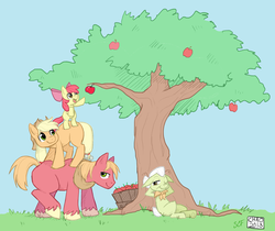 Size: 2283x1916 | Tagged: safe, artist:slowcoloringfag, apple bloom, applejack, big macintosh, granny smith, earth pony, pony, g4, apple family, blank flank, male, stallion, tower of pony