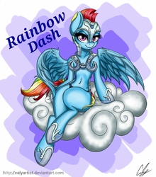 Size: 702x798 | Tagged: safe, artist:calyartist, rainbow dash, semi-anthro, g4, bedroom eyes, cloud, crossed legs, crystal guard armor, female, solo