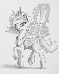 Size: 1031x1280 | Tagged: safe, artist:shydale, princess celestia, alicorn, pony, g4, alternate hairstyle, female, grayscale, monochrome, raised hoof, scissors, simple background, solo, tongue out, traditional art, white background
