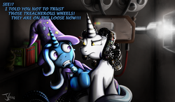 Size: 1250x730 | Tagged: safe, artist:jamescorck, trixie, oc, oc:movie slate, pony, unicorn, g4, female, mare, rubber (movie), terrified