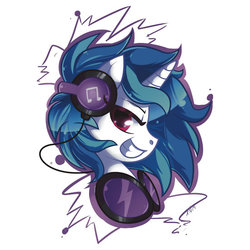 Size: 550x550 | Tagged: safe, artist:xnightmelody, dj pon-3, vinyl scratch, g4, clothes, female, grin, headphones, redbubble, solo, sticker, t-shirt