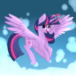 Size: 1000x1000 | Tagged: safe, artist:peachylog, twilight sparkle, alicorn, pony, g4, cloud, cloudy, cute, female, flying, happy, looking at you, magic, mare, open mouth, smiling, solo, spread wings, twilight sparkle (alicorn)