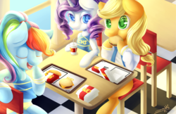 Size: 5100x3300 | Tagged: safe, artist:zodiacnicola, applejack, rainbow dash, rarity, semi-anthro, g4, burger, cheerleader, clothes, ponies eating meat, school uniform