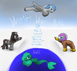 Size: 1280x1182 | Tagged: safe, artist:the-furry-railfan, oc, oc only, oc:crash dive, oc:depth charge, oc:featherweight, oc:pressure cooker, earth pony, pegasus, pony, sea pony, clothes, diving suit, flying, hat, jacket, snow, snowball, snowball fight, story, throwing, title page, unshorn fetlocks