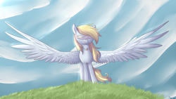 Size: 3200x1800 | Tagged: safe, artist:baldmoose, derpy hooves, pegasus, pony, g4, blind, blindfold, female, grass, mare, sky, solo, spread wings, wind, windswept mane