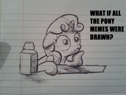 Size: 2560x1920 | Tagged: safe, artist:supermagicalrainbows, sweetie belle, g4, exploitable meme, female, image macro, lined paper, meme, solo, sudden clarity sweetie belle, traditional art