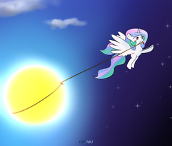Size: 1000x849 | Tagged: safe, artist:empyu, princess celestia, g4, 30 minute art challenge, cewestia, cute, female, filly, mouth hold, rope, solo, sun work, tangible heavenly object