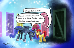 Size: 1200x785 | Tagged: safe, artist:tsitra360, edit, apple bloom, princess luna, alicorn, earth pony, pony, bloom & gloom, g4, 30 minute art challenge, dream doors, dream realm, duo, female, filly, foal, mare, speech bubble, text edit