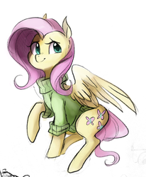 Size: 1057x1280 | Tagged: safe, artist:dotkwa, artist:glacierclear, artist:glacierclear edits, edit, fluttershy, pegasus, pony, g4, bottomless, clothes, cute, female, mare, partial nudity, raised hoof, shirt, shyabetes, smiling, solo, sweater, sweatershy