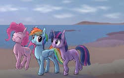 Size: 1145x722 | Tagged: safe, artist:paper-pony, pinkie pie, rainbow dash, twilight sparkle, g4, beach