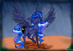 Size: 1500x1050 | Tagged: safe, artist:mysticalsketch, princess luna, alicorn, pony, g4, cute, dirty, eyes closed, female, floppy ears, fluffy, grass, grin, lunabetes, mare, mud, outdoors, rain, raised hoof, raised leg, smiling, solo, spread wings, wet, wet mane, wings