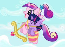 Size: 712x512 | Tagged: safe, artist:kuromi, princess cadance, twilight sparkle, alicorn, pony, unicorn, g4, arrow, bow (weapon), bow and arrow, heart arrow, teen princess cadance