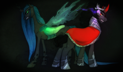 Size: 1024x603 | Tagged: safe, artist:radioactivegrass, king sombra, queen chrysalis, changeling, changeling queen, pony, umbrum, unicorn, g4, black background, cape, clothes, crown, female, jewelry, male, mare, regalia, simple background, stallion