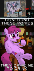Size: 722x1480 | Tagged: safe, artist:drawponies, berry punch, berryshine, twilight sparkle, earth pony, pony, unicorn, g4, alcohol, applejack daniel's, background pony, caught, confound these ponies, drama, female, mare, trace, traceponies scandal, underhoof