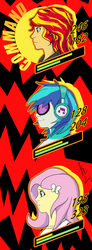 Size: 1207x3294 | Tagged: safe, artist:animana21, dj pon-3, fluttershy, sunset shimmer, vinyl scratch, equestria girls, g4, hilarious in hindsight, life bar, persona, persona 4