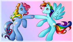 Size: 2203x1282 | Tagged: dead source, safe, artist:prettywitchdoremi, rainbow dash, rainbow dash (g3), g3, g4, g4 to g3, generation leap, generational ponidox, heart, heart eyes, hoofbump, wingding eyes