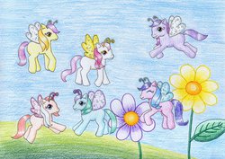 Size: 1024x727 | Tagged: safe, artist:normaleeinsane, azalea bloom, fluffaluff, honeydew hum, meadow moon, silly lilly, tumbletop, breezie, g3, cute, diabreezies, flower