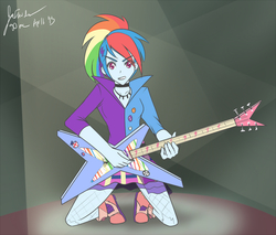 Size: 1280x1093 | Tagged: safe, artist:jonfawkes, rainbow dash, human, friendship through the ages, g4, 30 minute art challenge, guitar, humanized, rainbow punk, smiling