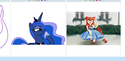 Size: 1336x658 | Tagged: safe, apple bloom, princess luna, derpibooru, g4, exploitable meme, juxtaposition, juxtaposition win, meme, meta