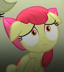 Size: 585x665 | Tagged: safe, screencap, apple bloom, earth pony, pony, bloom & gloom, g4, cute, female, floppy ears, frown, sad, sadorable, shrunken pupils, solo