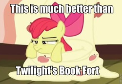 Size: 639x439 | Tagged: safe, screencap, apple bloom, earth pony, pony, bloom & gloom, g4, female, fort, image macro, meme, sheet fort, solo