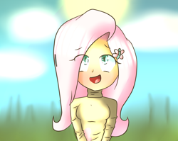 Size: 1378x1096 | Tagged: safe, artist:rosethekitty11, fluttershy, human, g4, clothes, cute, female, humanized, looking up, open mouth, shyabetes, smiling, solo, sweatershy