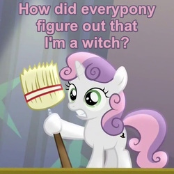 Size: 700x700 | Tagged: safe, edit, edited screencap, screencap, sweetie belle, bloom & gloom, g4, broom, caption, female, hat, image macro, mop, solo, sweepy belle, witch, witch hat