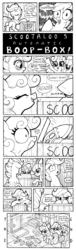 Size: 1000x3282 | Tagged: safe, artist:abronyaccount, apple bloom, scootaloo, sweetie belle, g4, comic, cutie mark crusaders, drawing board, lineart, machine, monochrome