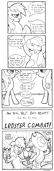 Size: 900x2801 | Tagged: safe, artist:abronyaccount, applejack, rainbow dash, lobster, g4, bait and switch, comic, fighting stance, lineart, monochrome